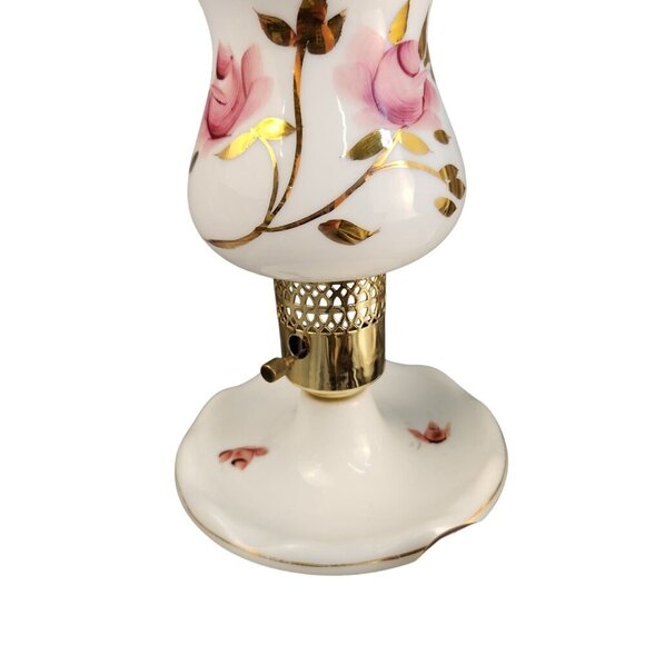 Vintage White Milk Glass Table Lamps With Pink Rose Floral Design & Brass Accent - Picture 14 of 16
